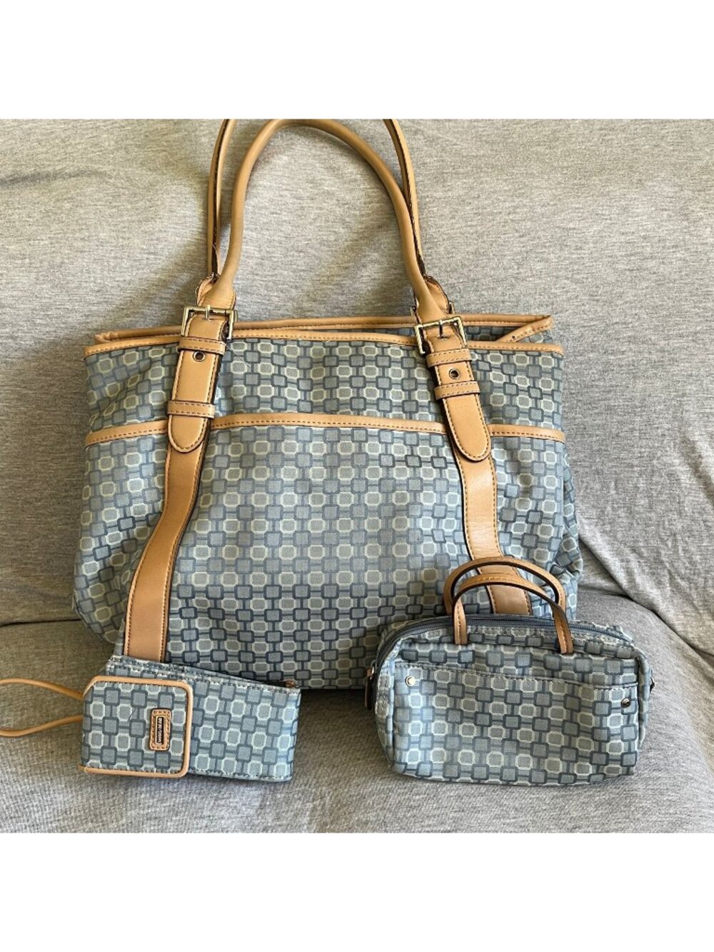 Nine West Blue & Beige 3-Piece Handbag Set With Geometric Print Tote Mini Bag &